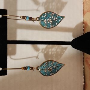 Antique Bronze and Teal Leaf Earrings, NWT